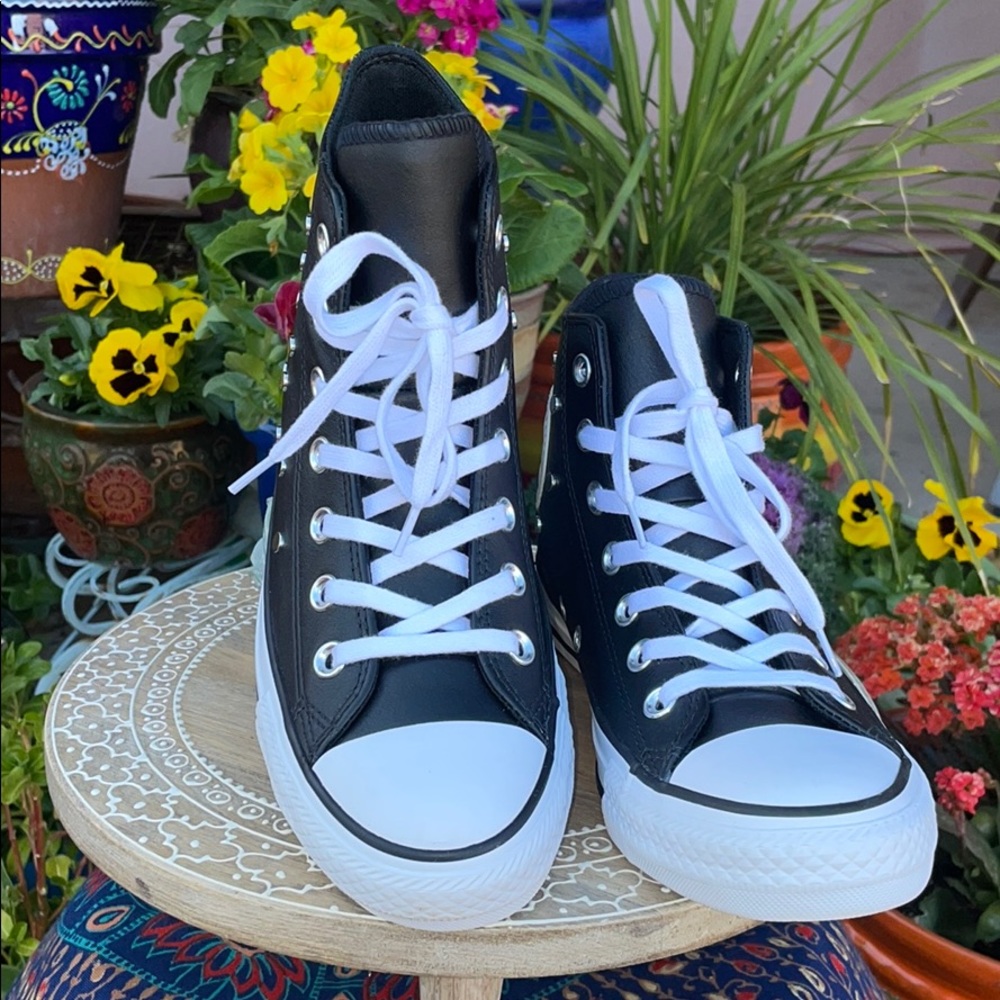 Leather & Silver Studded Converse Hi Tops Sz 7 - Picture 13 of 16